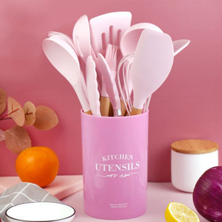 Ins Style pink color 13 piece wooden handle silicone kitchen utensils set with holder